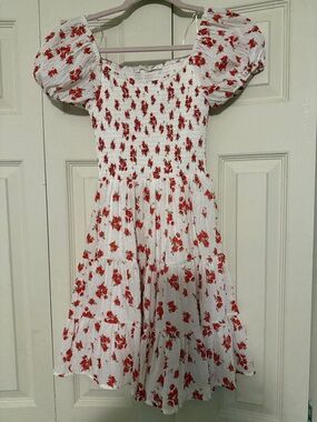 Altar'd State White Dress with Red Floral Smocking & Puff Sleeves